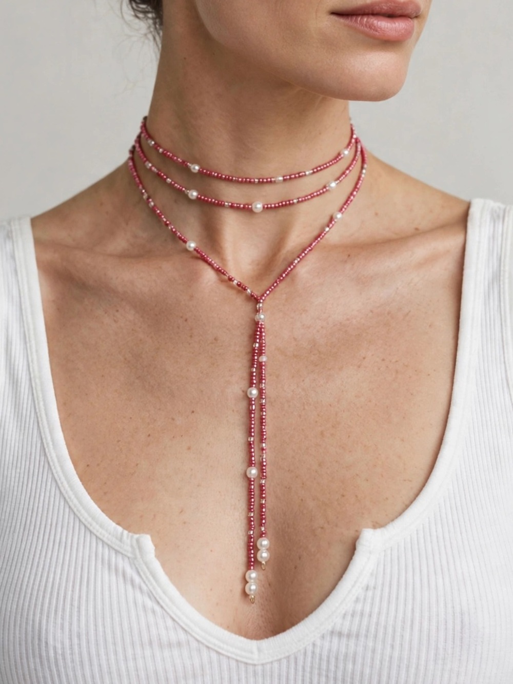 Pink Seed Bead Lariat Necklace| Convertible Layered Choker with Pearl Drops